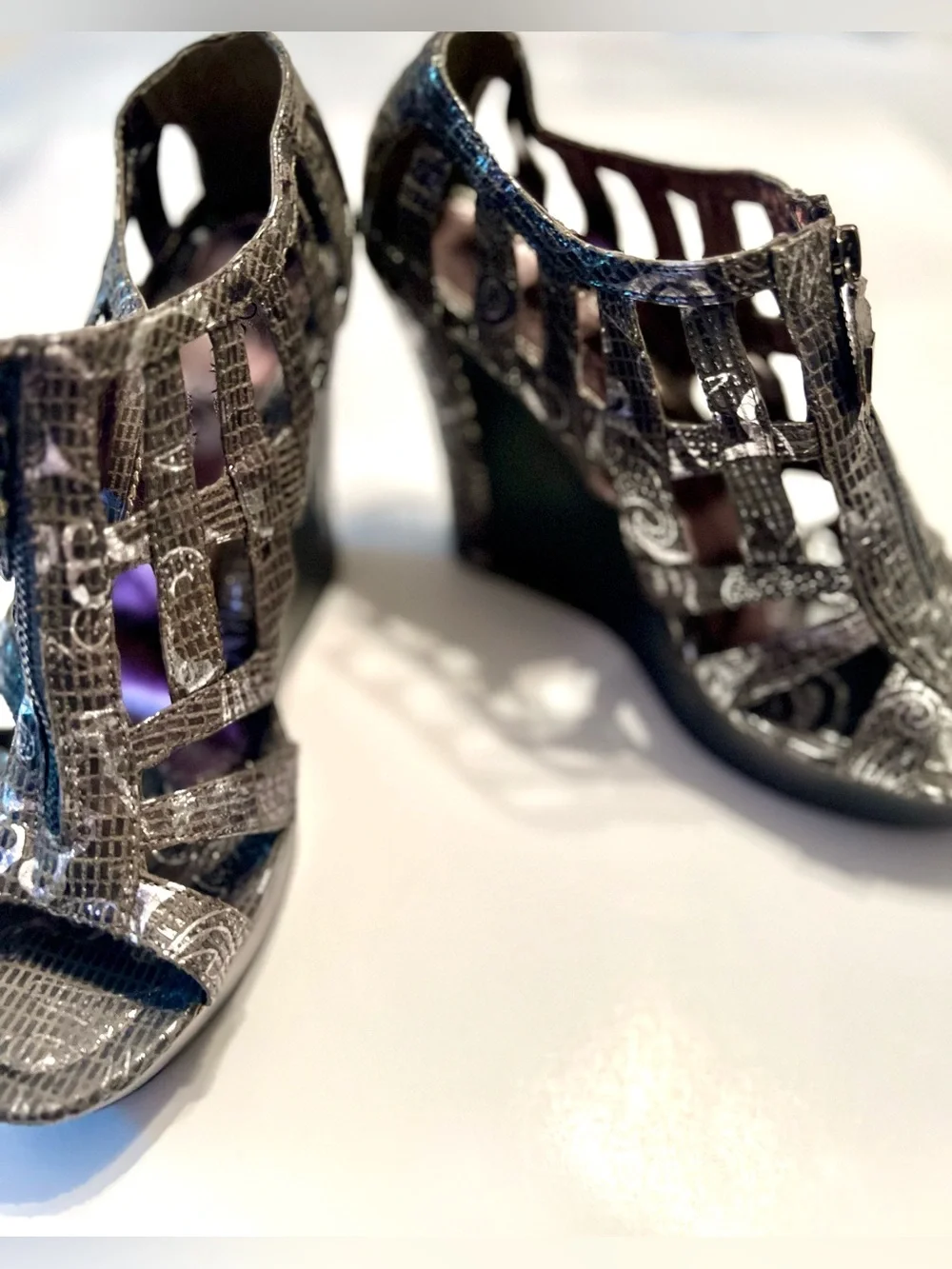 Nadara Metallic Gunmetal Cutout Wedge Sandals